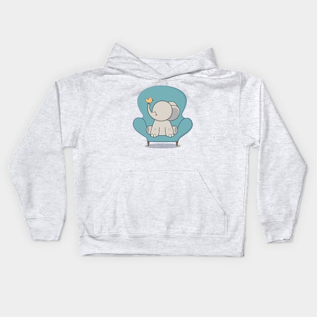 Kawaii Cute Elephant And Bird Kids Hoodie by wordsberry